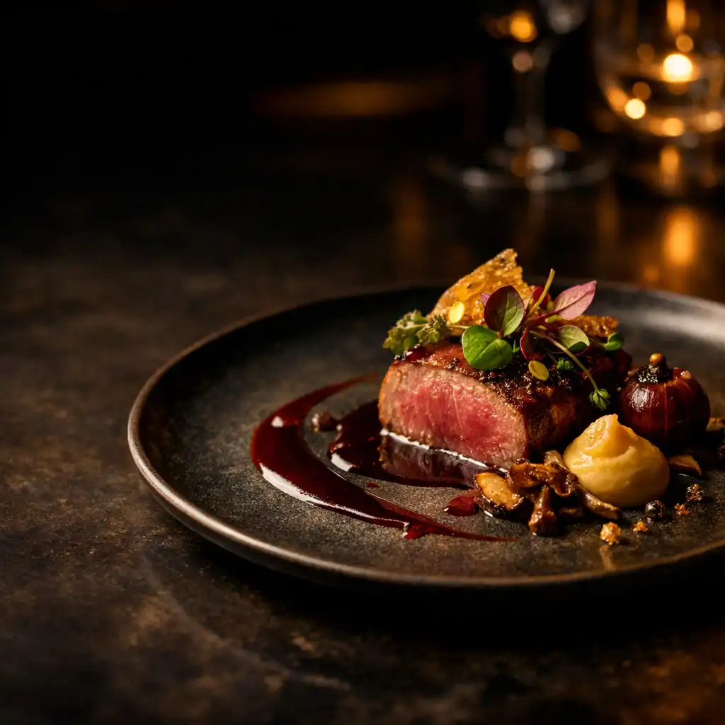 Eleganckie danie fine dining w złotym świetle