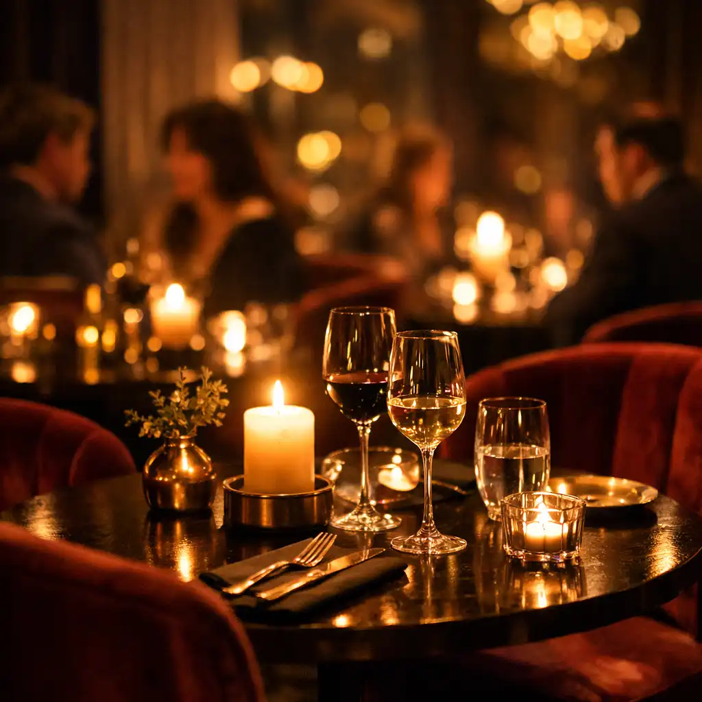 Nastrojowe wnętrze restauracji przy świecach